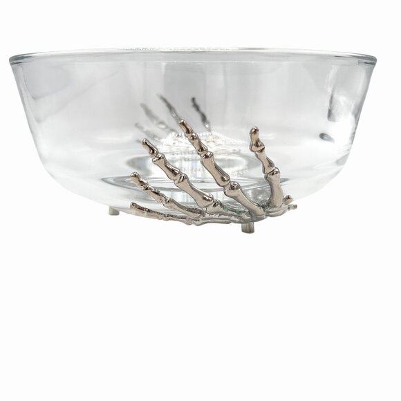 NWT TMD SILVER METAL SKELETON HANDS FOOTED GLASS BOWL HALLOWEEN GOTHIC CANDY - Picture 3 of 4